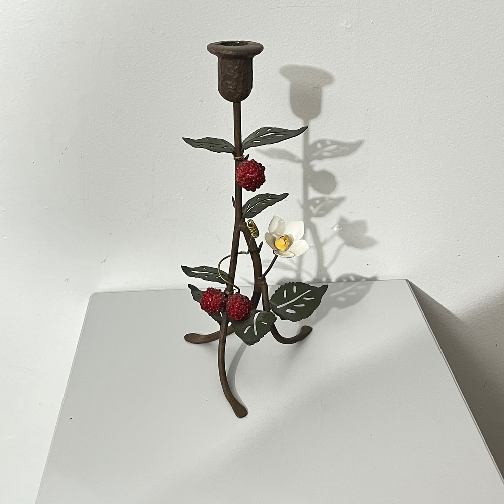Vintage Raspberry Vine Taper Candle Holder  Bronze‎ Red Botanical Cottagecore